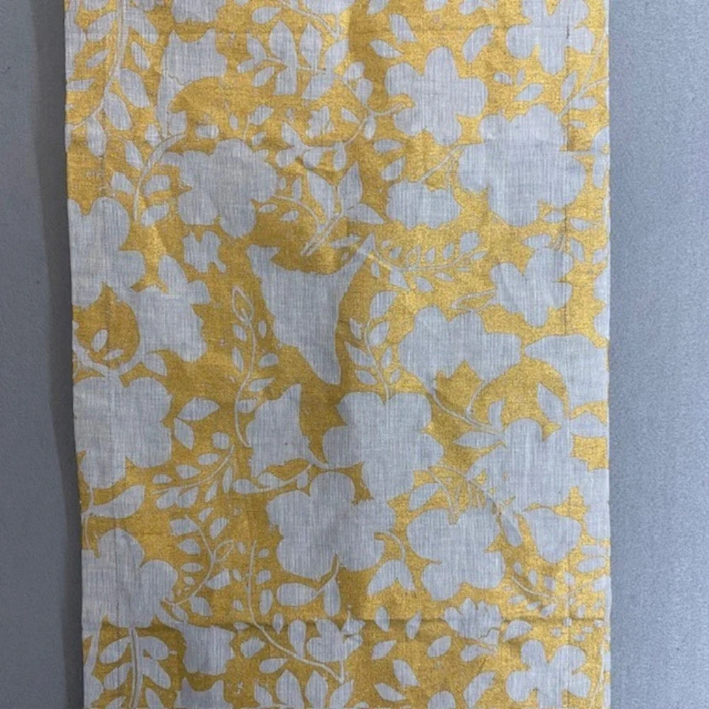 Crate & Barrel Winter Floral Table Runner 14x90 Gold Gray Linen Cotton Metallic